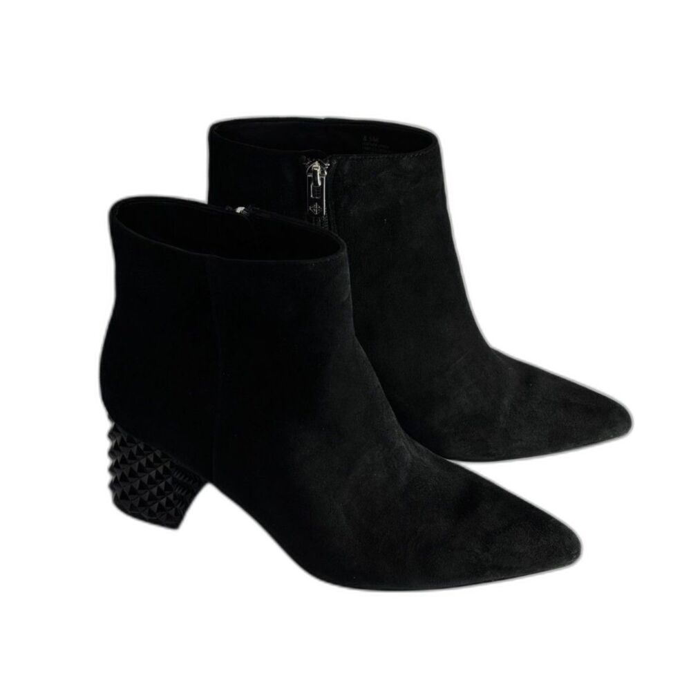 Antonio Melani Stuart Black Suede Zip Embossed Block Heel Booties Boots Womens